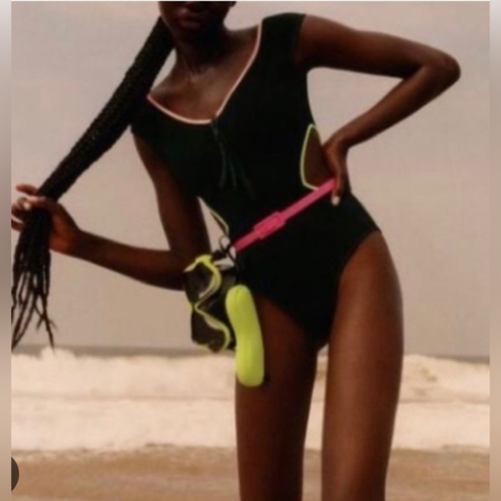 Zara black neon trim cut out front zip v-back one piece swimsuit size small new